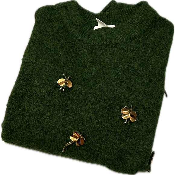 H&M Emerald Green Lightning Bug Dragonfly Gold Beaded Fairy Sweater Sz S - Picture 5 of 8